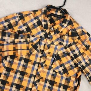 KJUS Shirt Mens Medium Orange Plaid Polyester Twill Long Sleeve Western Snap